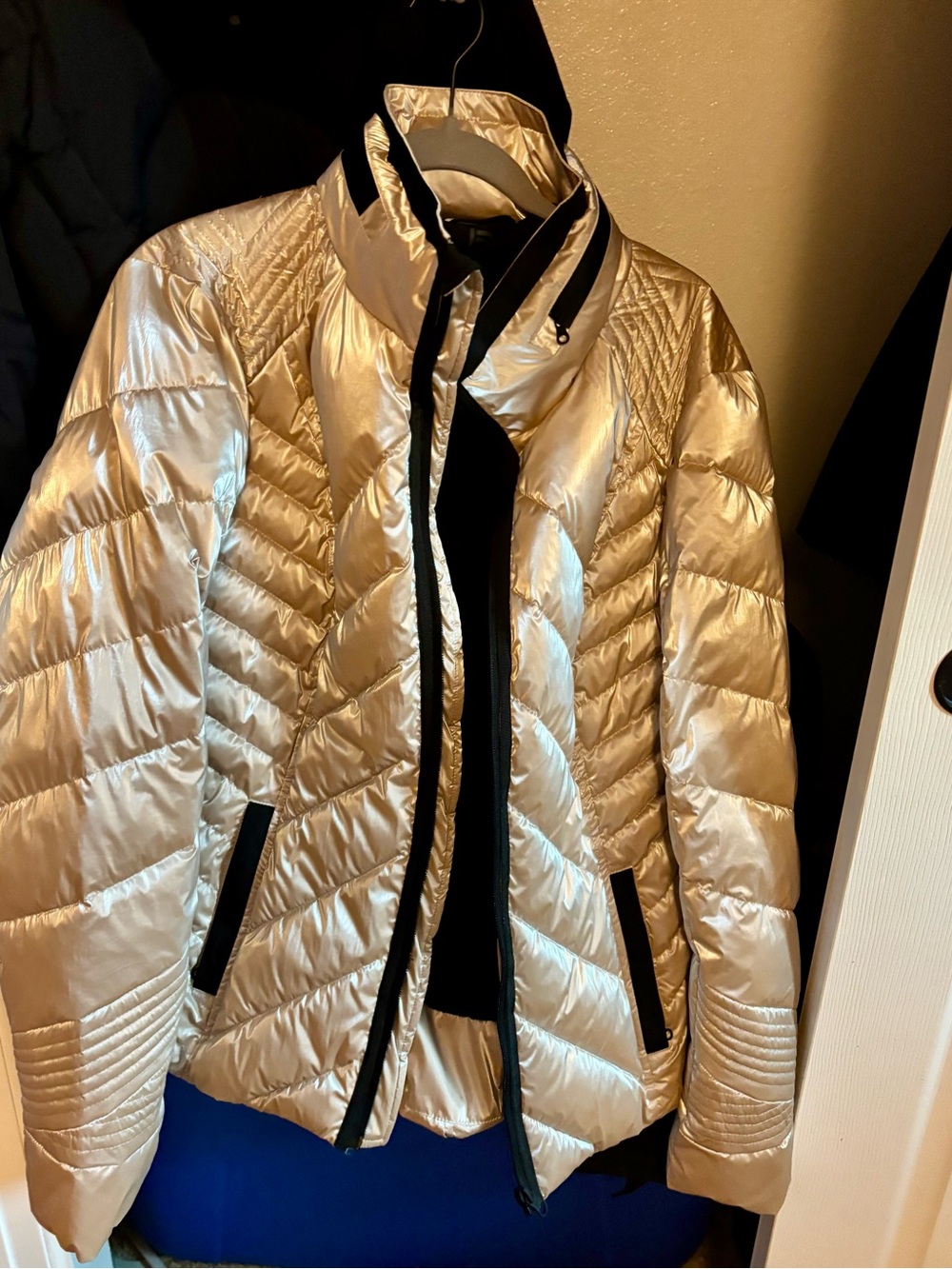 blanc noir Metallic Gold Quilted Puffer Jacket with Black Trim